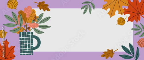 Cozy autumn banner depicting a mug with fall leaves in a naive cartoon style. Cute autumn vector background
