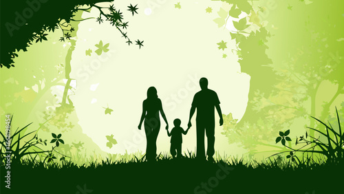 Silhouette of a family walking together in a green forest with leaves and trees in the background