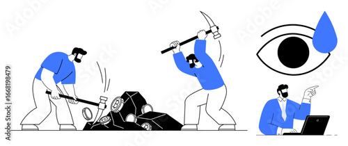 Workers using tools to mine materials, a teardrop over an eye symbolizing effort, person analyzing data. Ideal for teamwork, effort, perseverance, hard work, data analysis, mining productivity