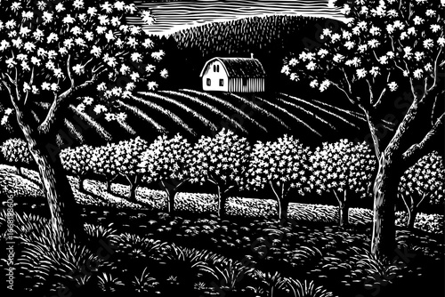 Blossoming apple trees in countryside orchard with farmhouse, natural rural beauty drawn in expressive black and white sketch.