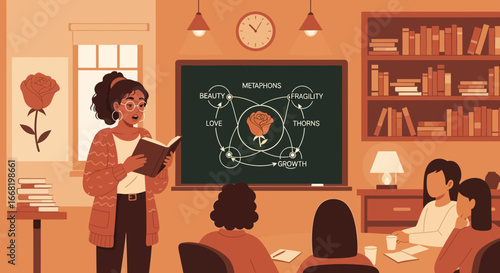 University lecture in literary symbolism, centered around a rose metaphor discussion