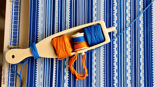 Shuttle with blue thread and two bobbins with indigo and orange yarns for weaving striped textile, upright format