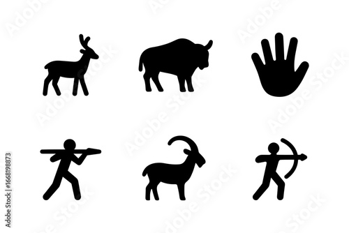 Cave art silhouettes: ancient hunting and wildlife symbols in black