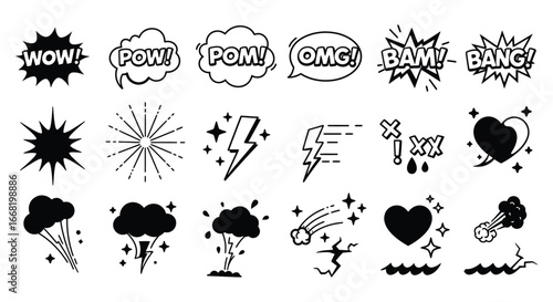Comic book style speech bubbles and impact effects illustrations