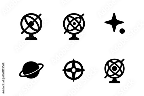 Astronomy icons set featuring armillary sphere and star patterns in minimalist style