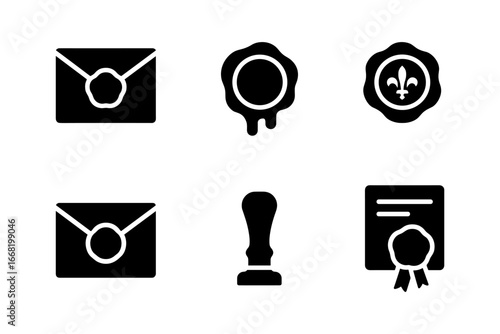 Seal and envelope icons set: wax, stamp, certificate designs
