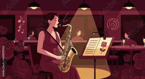 Elegant saxophone performer captivating the audience in a romantic ambiance