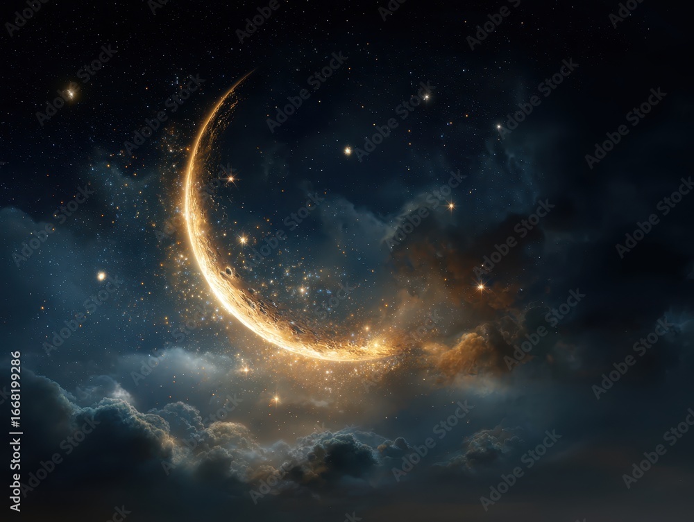 Obraz premium Glowing Crescent Moon in a Starlit Night Sky