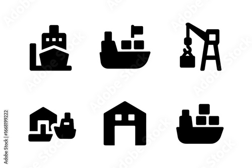Maritime icons collection: ships, docks, and freight symbols in bold silhouette style