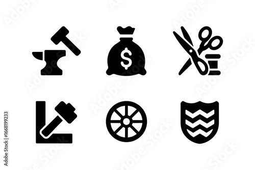 Medieval workshop icons set: craftsmanship, economy, and tools simplified in bold silhouettes