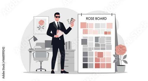 Dapper designer presenting a rose-themed mood board in a stylish office space