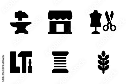 Black silhouette icons of tailoring tools and workshop elements