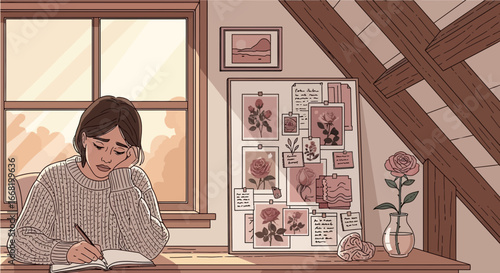 Drowsy writer composes poetry next to a bright window and floral inspiration board