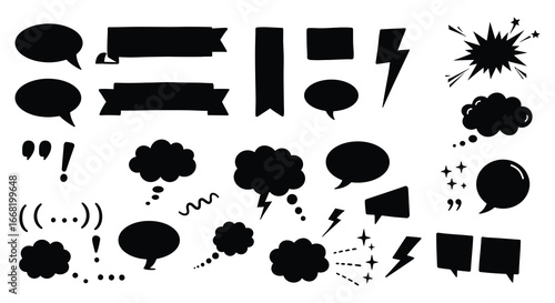 Collection of various black speech bubbles and comic effect icons on white background