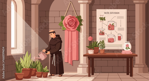 A Friar's Tranquil Moment: Tending Plants in a Monastery Garden with Rose Infusion Chart