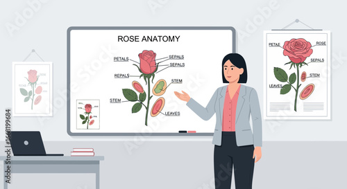 Educator Explaining Rose Anatomy Using Visual Aids in a Classroom Setting