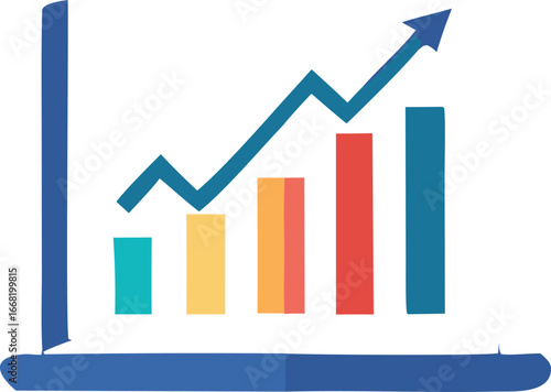 Business growth chart on laptop screen illustrating upward trend and financial success with colorful bars and arrow