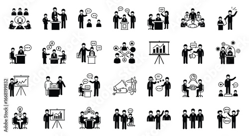 Business people communicating and presenting in various meeting settings