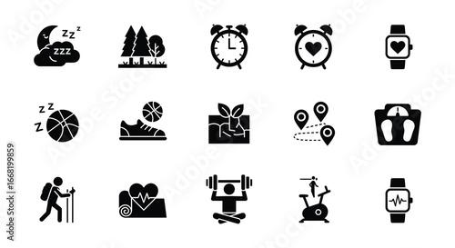 Collection of various wellness and fitness related icons and symbols
