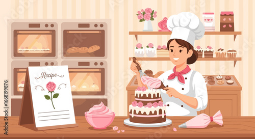 Pastry chef lovingly decorating a two-tier cake in a charming bakery shop
