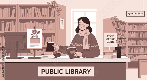 Cozy Day at the Public Library: A Reader Surrounded by Books and Roses