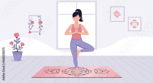 Woman in tree yoga pose with flowers, mat, and chakra artwork in a room