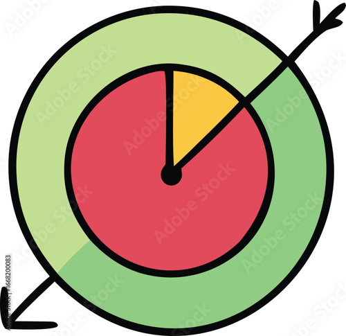 Bullseye target concept with pie chart segments and arrow showing accuracy and goal achievement strategy