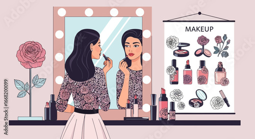 Glamorous routine: Young woman applying lipstick at a mirror with cosmetics