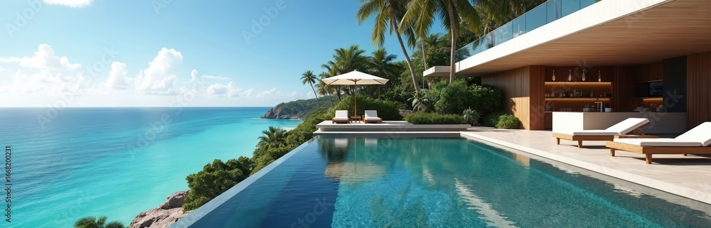 Fototapeta premium Luxurious coastal villa with infinity pool overlooking tranquil turquoise ocean. Modern architecture, tropical setting, pristine waterfront property ideal for exclusive vacation relaxation, elegant