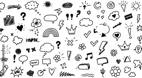 Collection of various cute cartoon doodle icons and speech bubbles