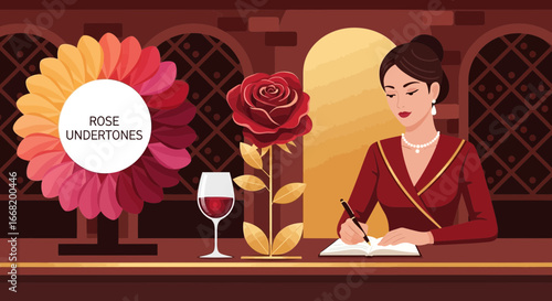 Elegant woman writing in a restaurant with rose undertones color palette