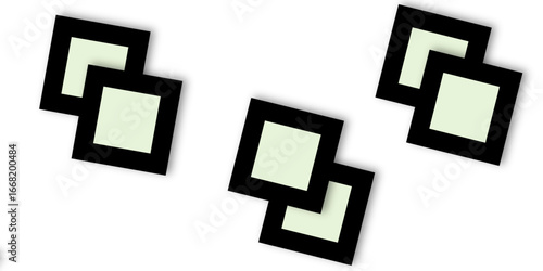 Two overlapping black-bordered squares with pale green centers, arranged in repeating pairs across a white background. The tilted design and shadow effect create a modern, abstract visual style.