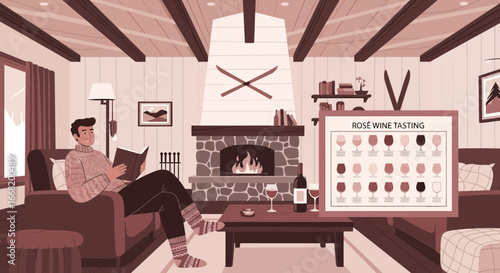 Cozy cabin scene with wine tasting event and reading beside the fireplace