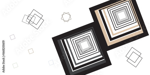 "A geometric illusion of layered squares, expanding inward with alternating black, beige, and gray borders, forming a mesmerizing tunnel-like depth effect."
