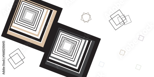 "A geometric illusion of layered squares, expanding inward with alternating black, beige, and gray borders, forming a mesmerizing tunnel-like depth effect."
