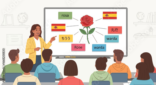 Illustration of a language teacher explaining vocabulary with a rose diagram