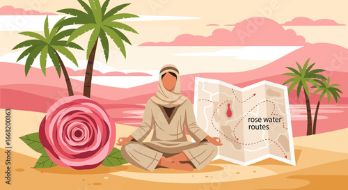 Woman meditating in desert oasis with rose, palms, and map guiding the way