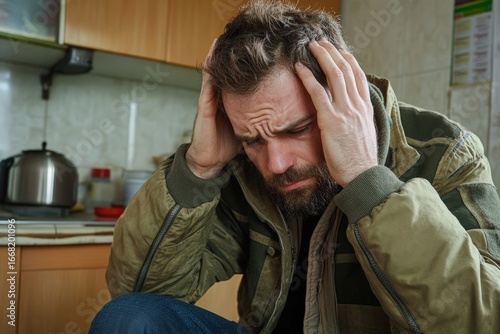 A person with a headache, holding their head in their hands, sitting in a poorly ventilated room, showing symptoms of carbon monoxide exposure