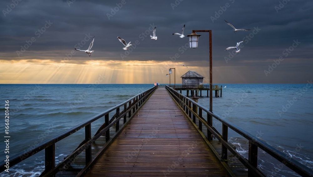 Fototapeta premium Long wooden pier stretching into the sea with seagulls flying under dramatic sunset clouds. Generative AI.