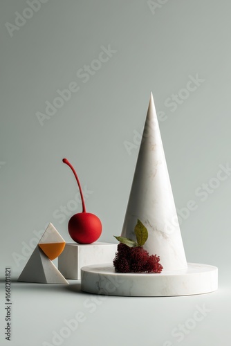 Geometric Still Life with Red Cherry, Cone, and Marble Platforms on Light Gray Background