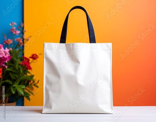 Blank canvas tote bag mockup on colorful backgrounds and outdoor scenes for branding and design display. 