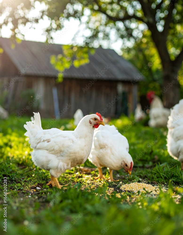 Fototapeta premium Two white chickens peck at feed in a grassy yard, with other chickens and a rustic building in the background, sunlit