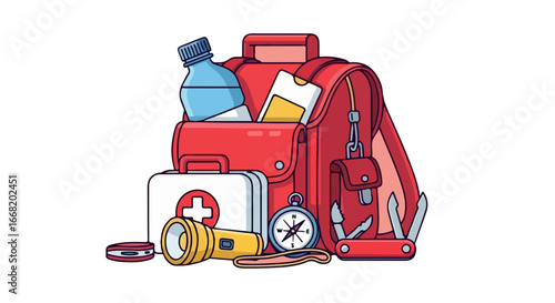 Cartoon Backpack Essentials: First Aid Compass Water and Tools.