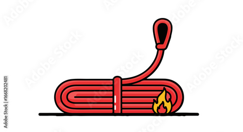 Cartoon Fire Hose with Flame: Emergency Safety and Firefighting Concept.