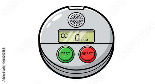 Cartoon Carbon Monoxide Detector with Digital Display and Test-Reset Buttons.