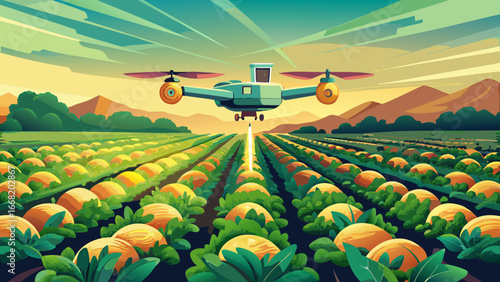 Precision Crop Spraying in a Lush Potato Field
A drone glides silently across emerald fields, misting crops with precision, sunlight gleams upon vibrant leaves, technology and tradition blend, ensurin