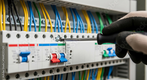 A gloved hand uses a screwdriver to work on a circuit breaker in a home electrical panel, with colorful wires and switches visible. This image represents electrical work, safety, and home renovation.
