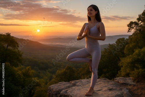Wallpaper Mural Woman doing yoga on cliff at sunrise Torontodigital.ca