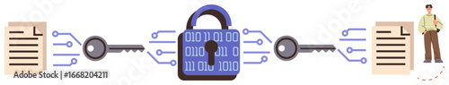 Encrypted padlock with binary digits between files and keys, symbolizing data protection and secure sharing. Ideal for cybersecurity, privacy, encryption, data transfer, confidentiality, digital