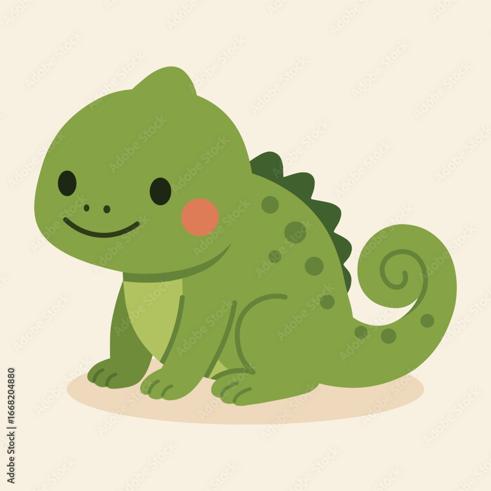 Obraz premium Cute cartoon chameleon illustration in vibrant green, perfect for product packaging, labels, web design, banners, book illustrations and art prints with a playful, child-friendly style.